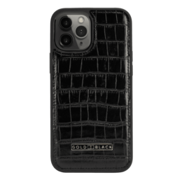 Black leather iPhone 12 Pro Max sleeve with crocodile texture pattern, designed for smartphone protection.