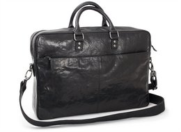 Black leather briefcase for 15-inch laptop, with adjustable shoulder strap and multiple compartments for storage.