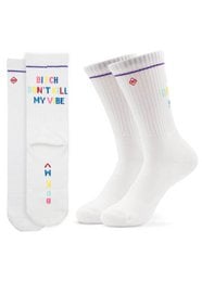White socks with colorful text and graphics, suitable for casual or athletic wear.