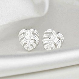 Monstera Leaves Stud Earrings - 925 Sterling Silver - Exotic Leaves Jewelry - EAR925-45