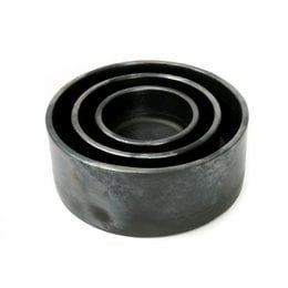 Grey ceramic nesting bowls, rustic textured finish, stackable serving dishes set.