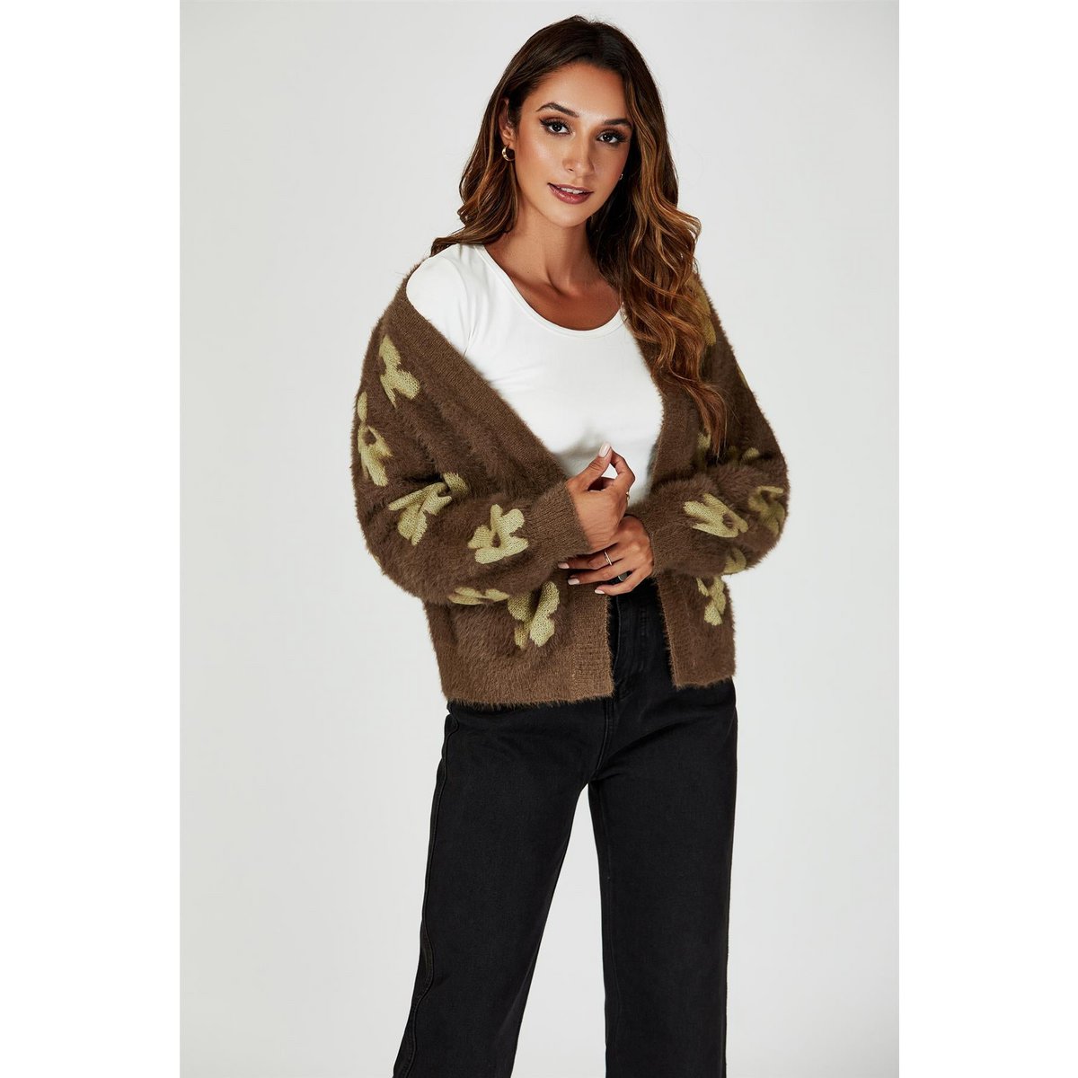 Flowers Pattern Knitted Cardigan In Brown