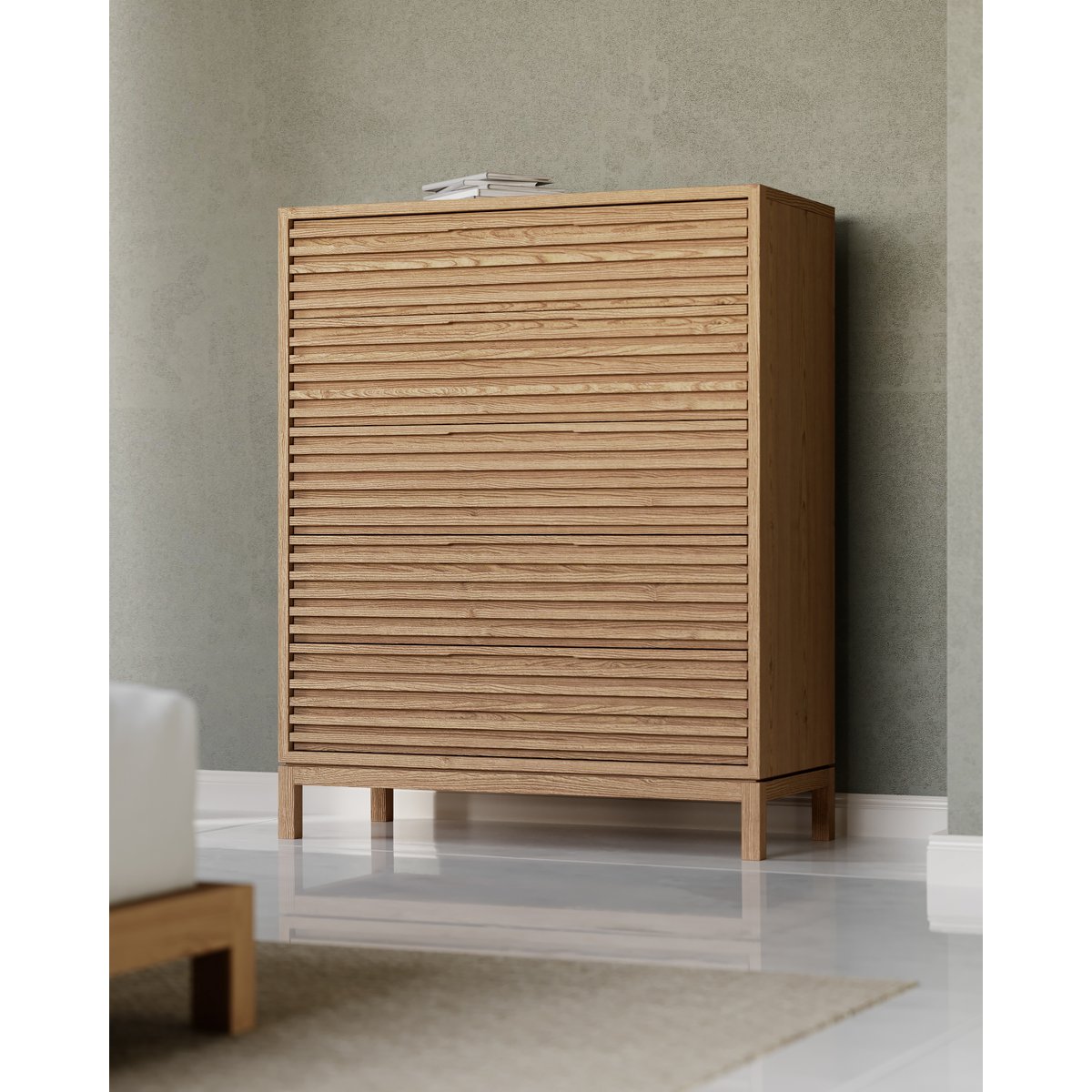 Cómoda de madera de fresno con cinco cajones Tanner en lino