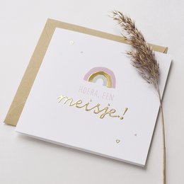 Greeting card with a colorful rainbow design and the text "Meisje!" in gold foil. The card is accompanied by a brown envelope and a dried floral accent, creating a whimsical and celebratory aesthetic.
