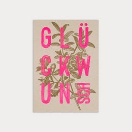 Eco-friendly congratulations card with floral design and pink text on beige background.