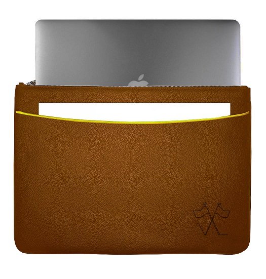 VUE LAC Laptoptasche mit Cognac-Fronttasche, 38 cm gelber Rand
