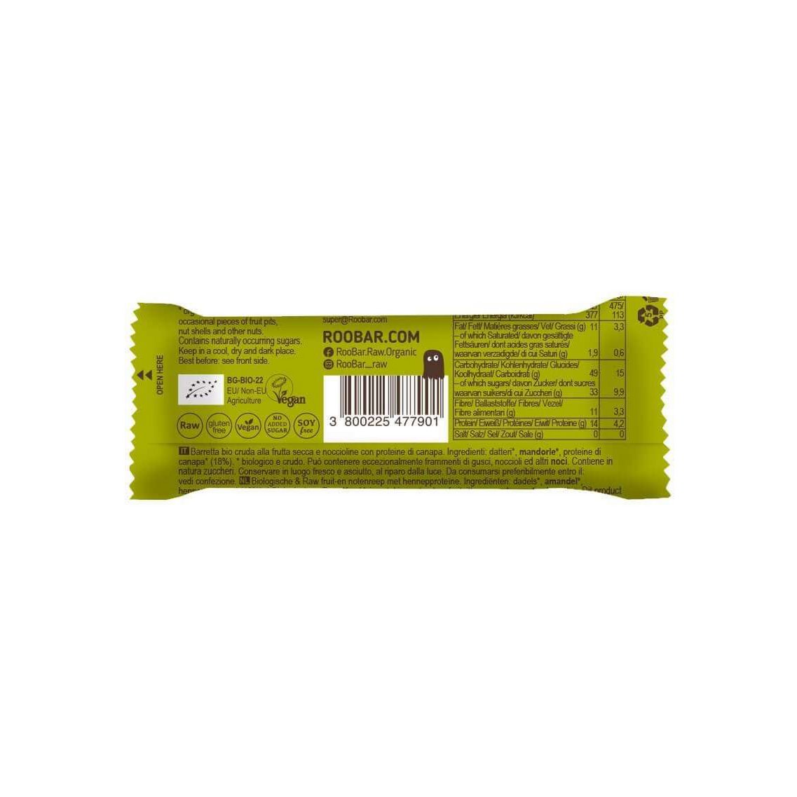 Hemp Protein Bar, organic, Roobar, 30g