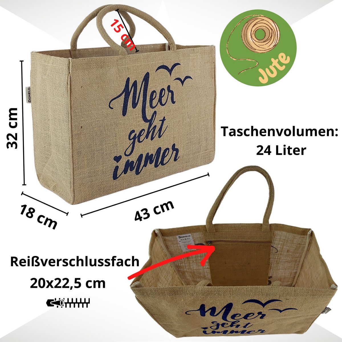 Domelo Jutetasche Einkaufstasche. Jute Shopper Tasche. Große wasserabweisende Einkaufskorb/ Strandtasche . Badetasche XXL/ Shopping bag Geschenke für Frauen.