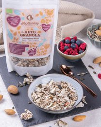 Organic granola keto with nuts and seeds. Healthy, low-carb breakfast cereal.