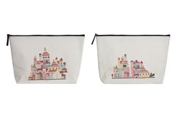 A polyester canvas bag with a colorful, illustrated design featuring a castle-like structure with various architectural elements and details.