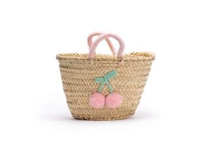 Kindertragetasche, Strandtasche, 32 cm, Strohsack mit Pompons, Mädchentasche, handgefertigt, Esparto-Tasche