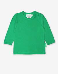 Long-sleeved green cotton shirt for kids, available in sizes 6-12m to 7-8y.