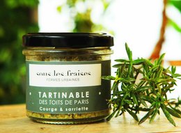 Spreadable squash and savory spread in a glass jar, with fresh herbs and greenery in the background.