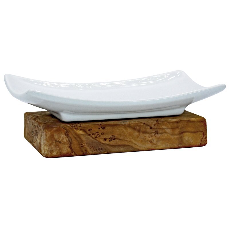 Porcelain soap dish on olive wood base