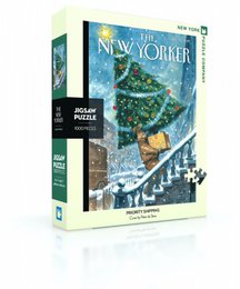  A 1000-piece puzzle featuring a winter scene from the cover of The New Yorker magazine, with a person carrying a Christmas tree up snowy stairs.