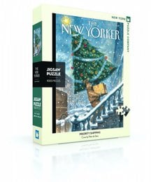 A 1000-piece puzzle featuring a winter scene from the cover of The New Yorker magazine, with a person carrying a Christmas tree up snowy stairs.