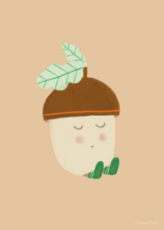  A cute, illustrated acorn-shaped poster with a serene, smiling face and green leaf accents, suitable for a child's room.
