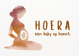 Greeting card featuring a silhouette of a pregnant woman with the text "Hooray, a baby on the way" in a warm, earthy color palette. This A6-sized card celebrates the arrival of a new baby.
