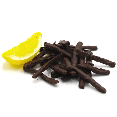 Gekonfijte citroensticks (donkere chocolade) 100 Grs