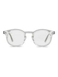 Clear, rectangular blue light blocking glasses with a modern, minimalist design.