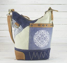 Sunsa Women's Sustainable Shoulder Bag. Shoulder bag made from recycled jeans & canvas (canvas). Handbag vintage retro style. Crossbody bag for women with mandala print
