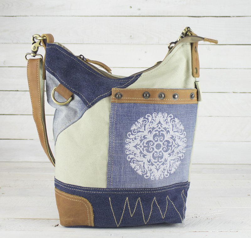 Sunsa Damen Nachhaltige Umhängetasche. Schultertasche aus recycelte Jeans & Canvas ( Segeltuch). Handtasche Vintage retro Stil. Crossbody Tasche für Frauen mit Mandala Aufdruck