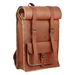 A vintage-style brown leather backpack with a rolltop design, multiple pockets, and adjustable straps for comfortable carrying.