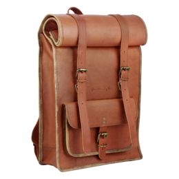 A vintage-style brown leather backpack with a rolltop design, multiple pockets, and adjustable straps for comfortable carrying.