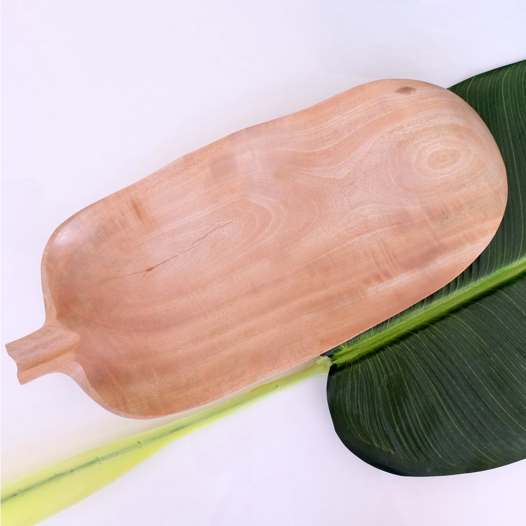Houten schaal - fruitschaal - slakom - bananenblad - wit - L47 x B20 x H7.5cm