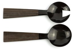 Grands couverts en corne noire avec manche triangulaire en bois
