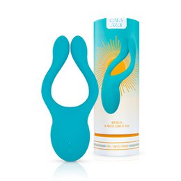Turquoise silicone couple's toy with ergonomic shape for intimate pleasure.