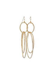 Gold-plated statement earrings with oval-shaped hoops and dangling chains.