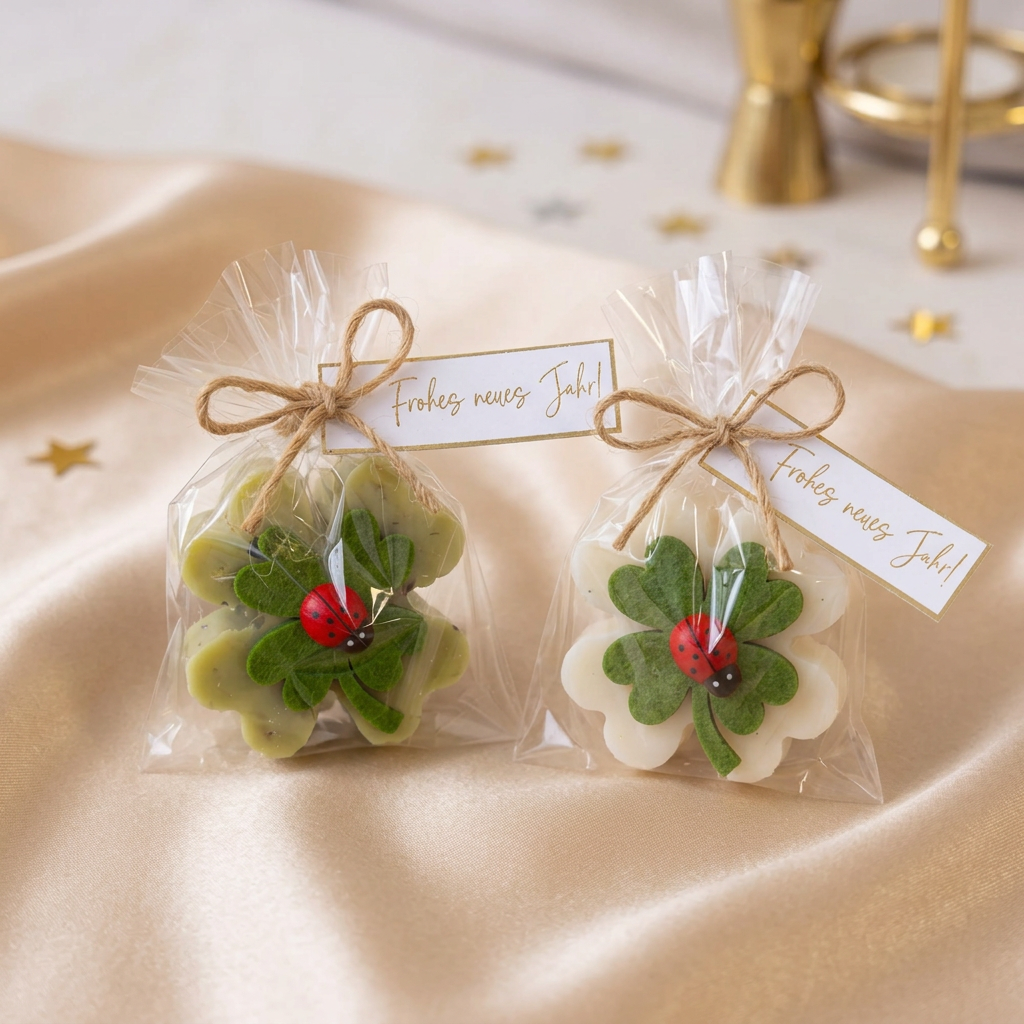 Silvester Glücksbringer Seife „Frohes neues Jahr“ – Kleeblatt | Gastgeschenk & Mitarbeitergeschenk 