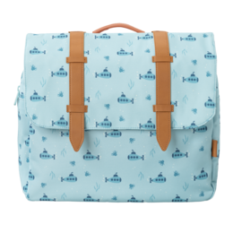 A light blue backpack with a repeating fish pattern, featuring tan leather-like straps and accents.