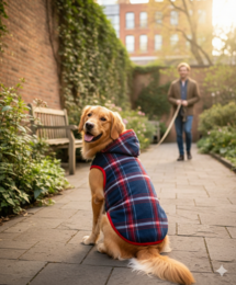 Blue red plaid fleece hoodie dog jacket with hood, warm pet clothing apparel.