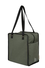 Olive green tote bag with black handles and trim, suitable for carrying on the shoulder.