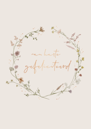 Floral wreath with text "Congratulations" in a rustic, natural style. Includes delicate flowers and greenery.