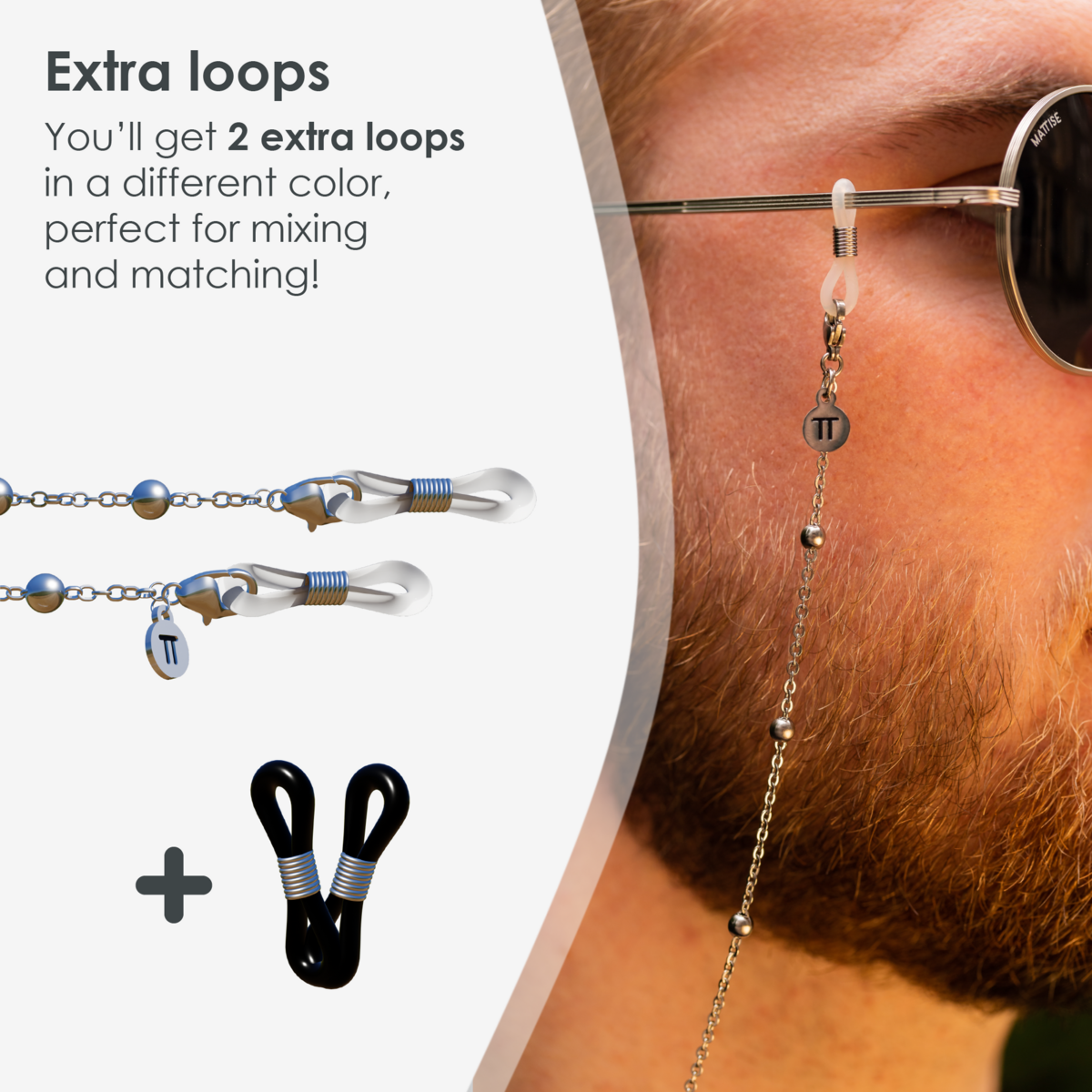 Glasses Cord Balls Silver — 100% Stainless Steel & Unisex Eyewear Cords for Women and Men — Glasses Chain with Extra Loops — Brillenkoord Brillenband Brillenkette Cordon de Lunettes Cordón Para Gafas