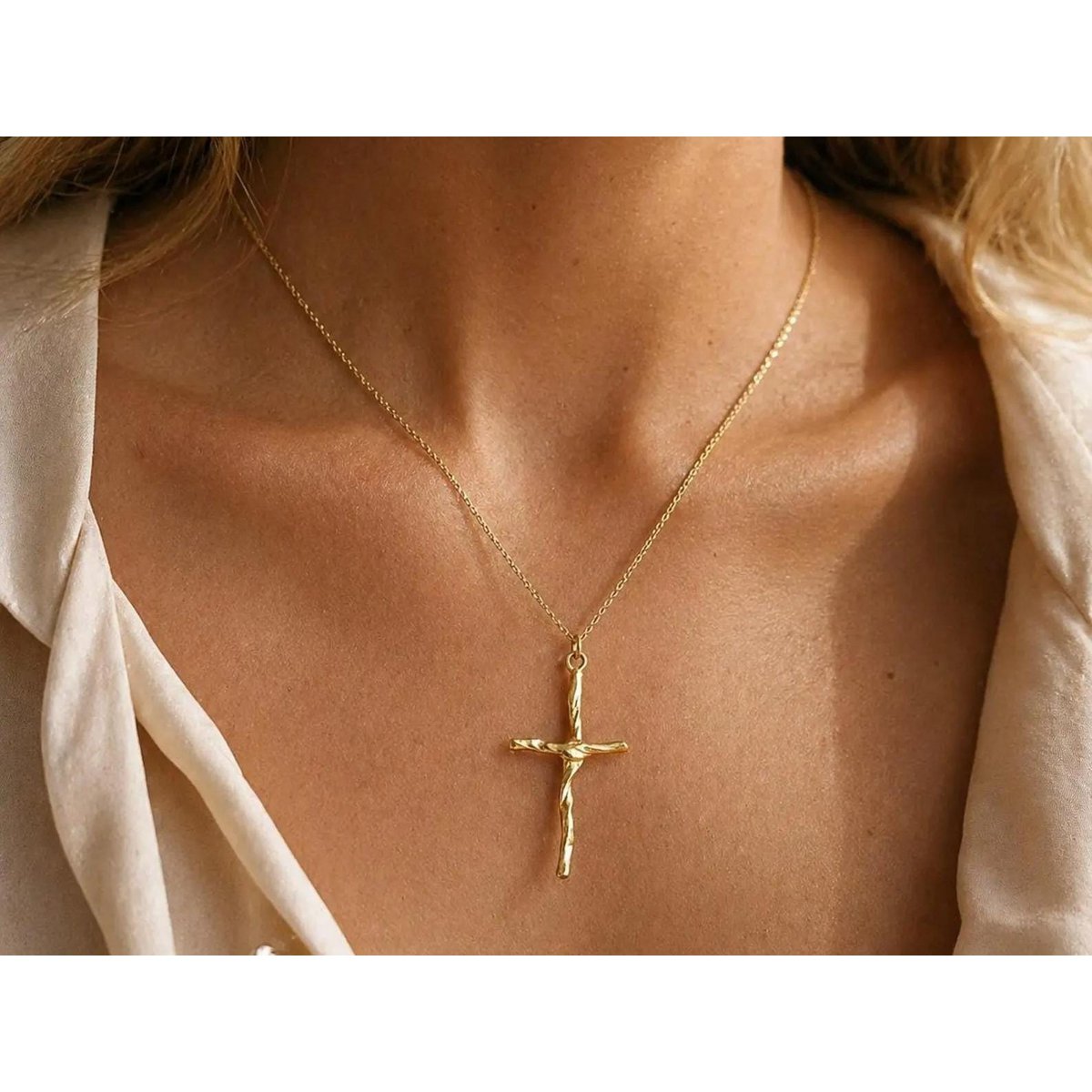 Gold Cross Necklace, Handmade Nature Jewelry, Organic Branch Pendant, Gift for Faith & Protection, Sterling Silver 925 Twig