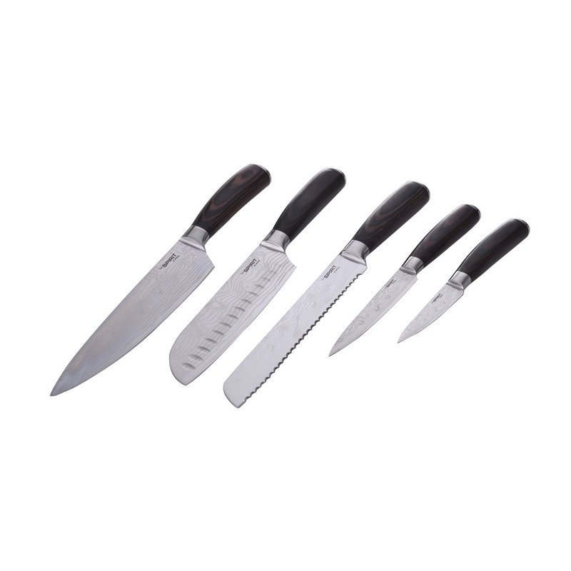 Set de 5 Pièces, Couteaux de Chef, Ensemble Couteaux de Cuisine, Couteaux Universels, Professionnel, Pain, Aliment, Lame en Acier Inoxydable, Marron