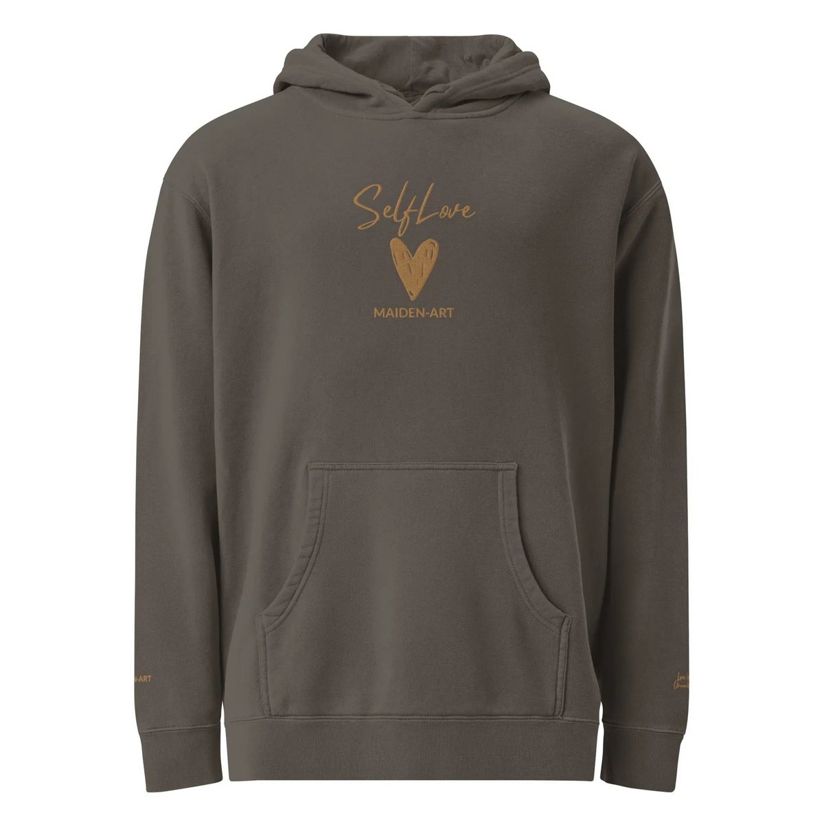Self Love Unisex pigmentgefärbter Kapuzenpullover mit Altgold-Stickerei | Modischer Kapuzenpullover