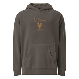 Self Love Unisex pigmentgefärbter Kapuzenpullover mit Altgold-Stickerei | Modischer Kapuzenpullover