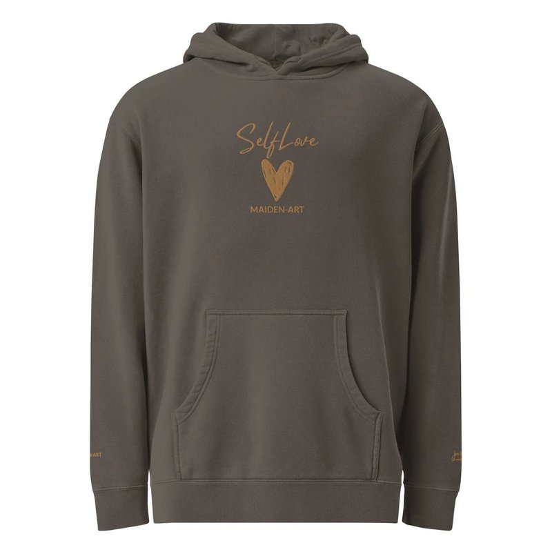 Self Love Unisex pigmentgefärbter Kapuzenpullover mit Altgold-Stickerei | Modischer Kapuzenpullover