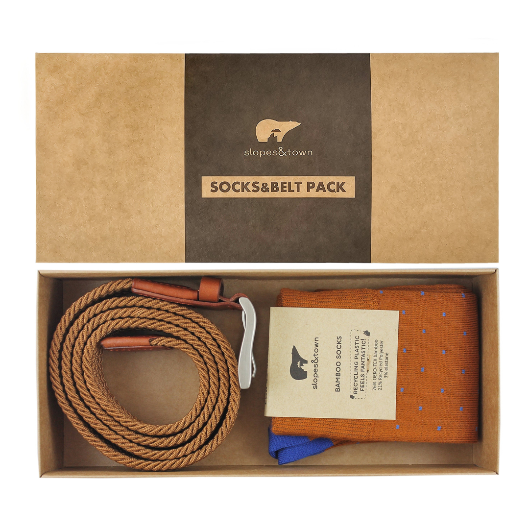 Geschenkbox-Gürtel David und Camel Brown Dot Socken