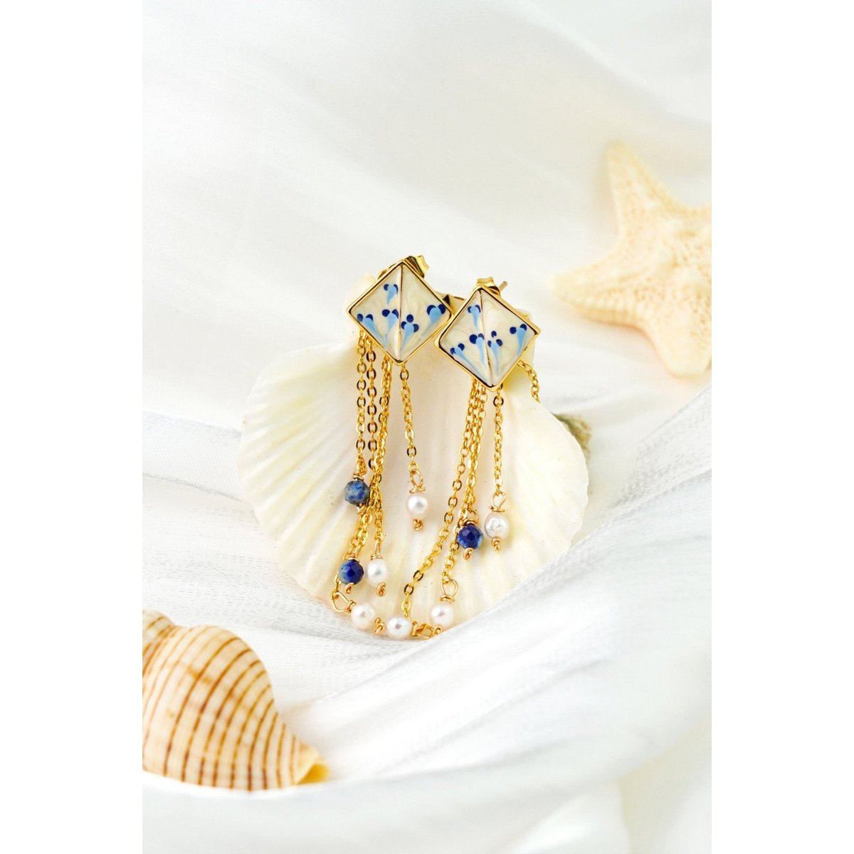 Varia Enamel Earrings – detachable Lapis & Pearl drop