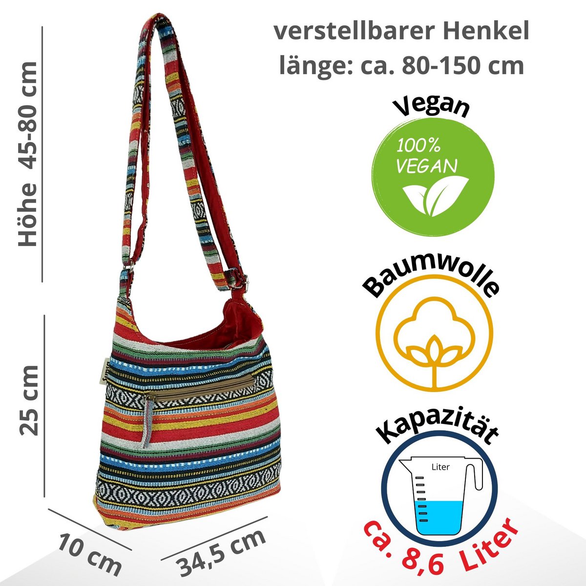 Sac hobo Sunsa. Pochette en coton tissé rayé. Sac à bandoulière pour femme/fille avec poignée réglable. Grand sac en tissu léger avec fermeture zippée.