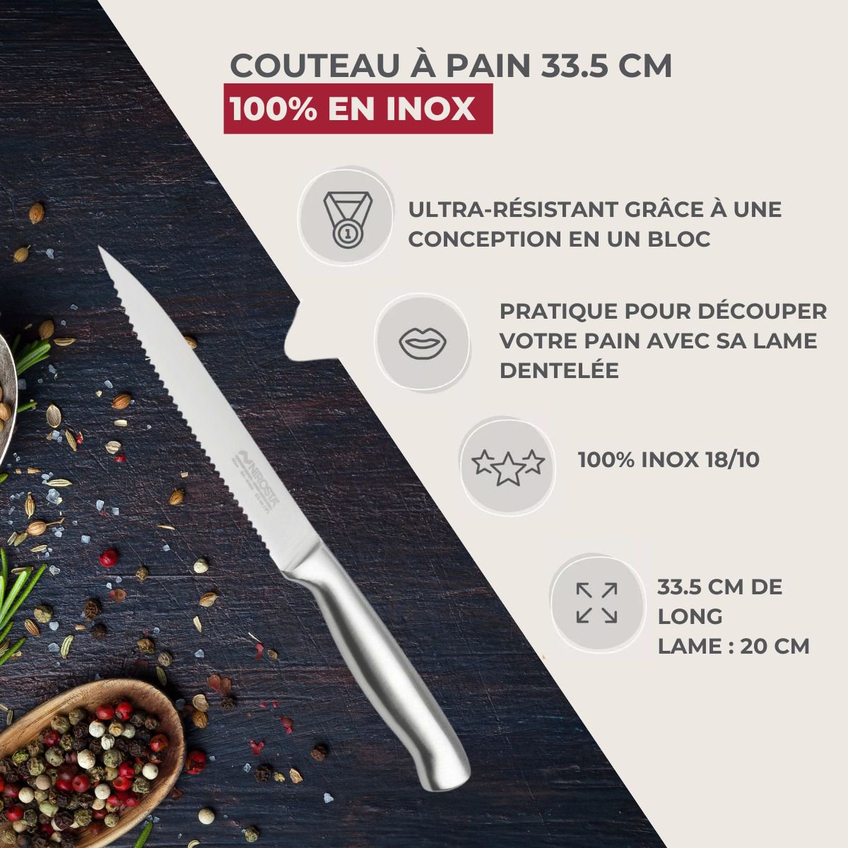 Cuchillo para pan de acero inoxidable 33,5 cm en todo Nirosta