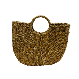 Handmade woven straw shopper bag with round handle, featuring a natural tan color and intricate woven pattern.