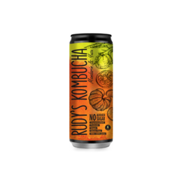 Mandarin and yuzu flavored kombucha in a 330ml can with floral design. Fermented tea beverage with citrus notes.