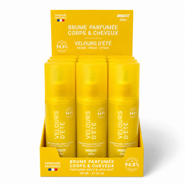 Yellow body and hair mist spray, summer fragrance, velvet scent, beauty product.